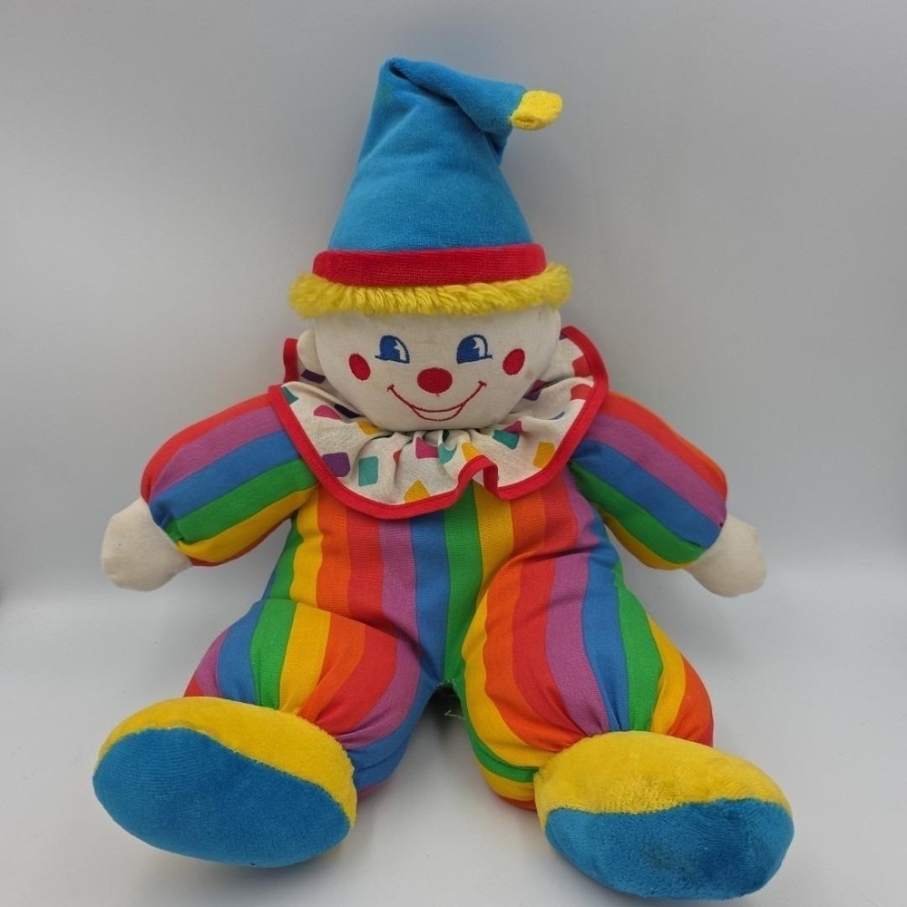 12" VINTAGE BANTAM CIRCUS CLOWN CHIME RATTLE STUFFED ANIMAL PLUSH TOY STRIPES